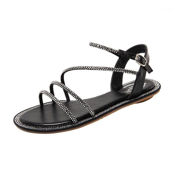 

sandals 33-43 2021 ladies beach woman summer fashion rhinestone for women's open toe buckle shoes female narrow band flat sandal1, Black