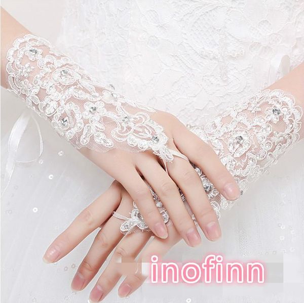 

bridal gloves inofinn bride wedding lace hook finger beaded short accessories, White