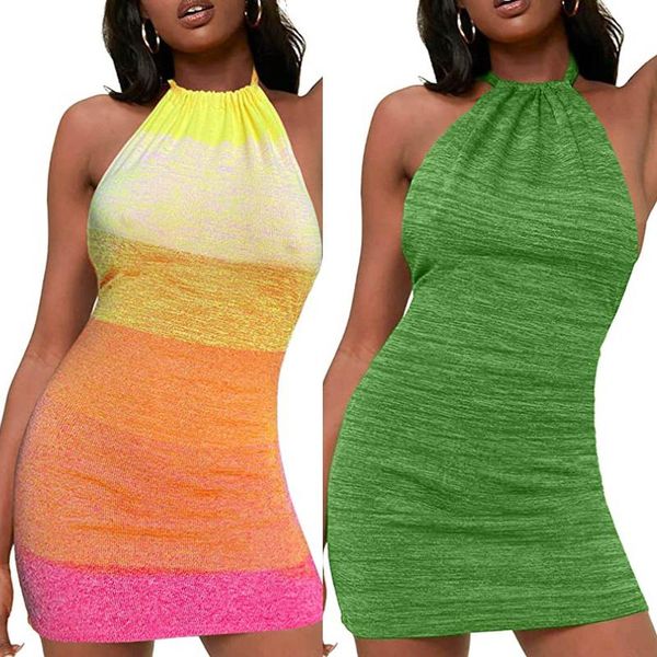

casual dresses 2021 green backless mini dress beach women halter neck sleeveless summer black off shoulder party knit bodycon sexy, Black;gray