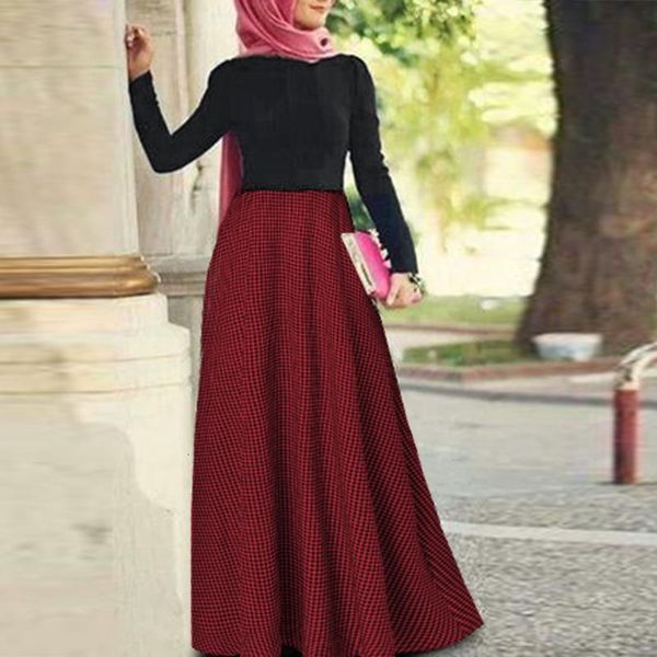 

casual dresses patchwork long shirt dress women muslim islamic sundress abaya kaftan vintage elegant check plaid sarafans s-5xl 09, Black;gray