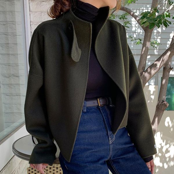 

women's wool & blends [ewq] korean autumn winter stand collar buckle design loose versatile long sleeve warm short woolen jacket women, Black
