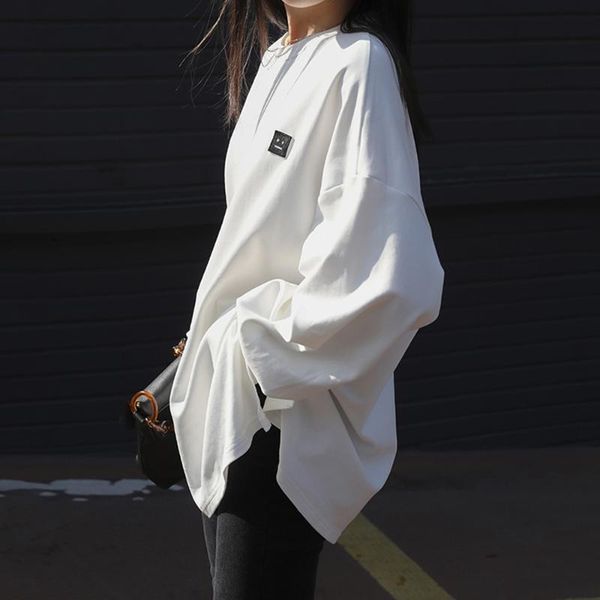 

women's t-shirt autumn 2021 split fork solid color round neck long sleeve clothing korean fashion casual simplicity, White