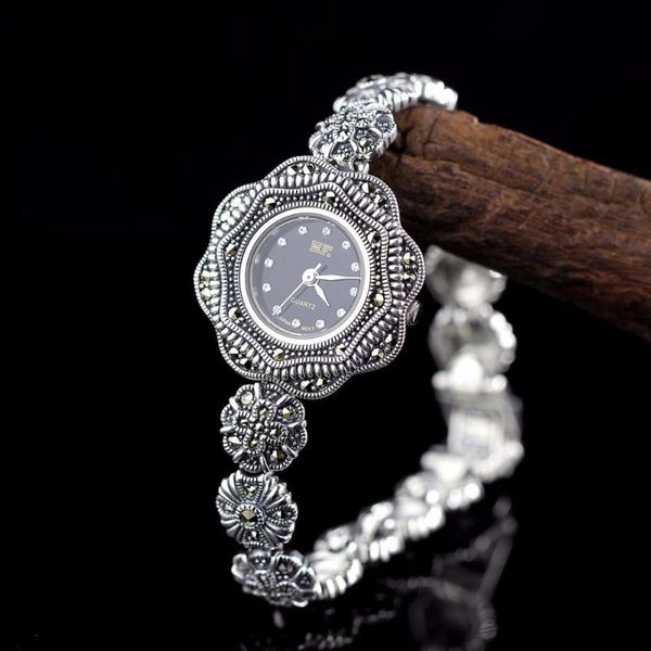 

wristwatches limited romantic flower silver watch lady s925 pure thai bracelet thailand rhinestone bangle, Slivery;brown