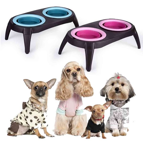 

folding double dog bowl with stand for tall dogs, detachable non-slip and liquid-tight pet feeding bowl, cat bowl, food feeder