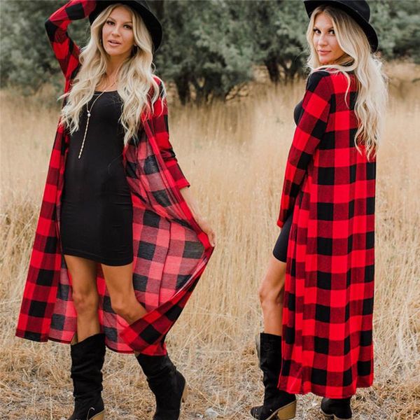 

women's jackets spring autumn fashion long sleeve plaid cardigan coat ladies open floaty jacket outwear, Black;brown