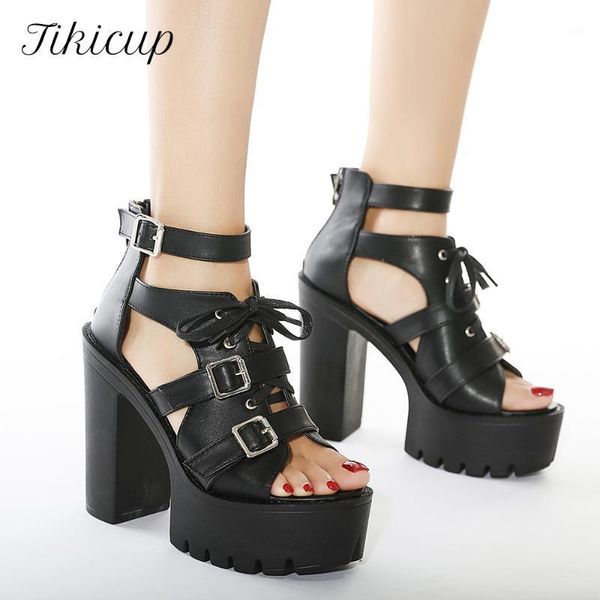 

sandals tikicup all black punk buckles women ankle chunky platform summer wild open toe extremely high heels sandials shoes1