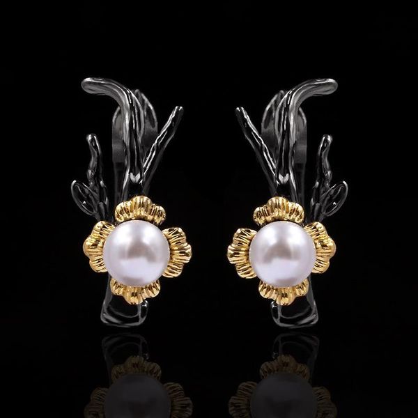 

stud original retro art inlaid pearl flower earrings personality sweet two-tone black gold ladies silver jewelry, Golden;silver