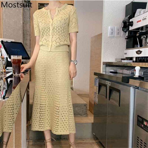 

summer korean knitted two piece skirt sets women short sleeve cardigan + high elastic waist long suits fashion 210518, White