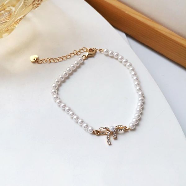 Link, Kette Elegante Dame Schleife Perle Perlen Gold Armband Mode Damen Hochzeit Party Kristall Hand Charmant Schmuck Mädchen Geschenk