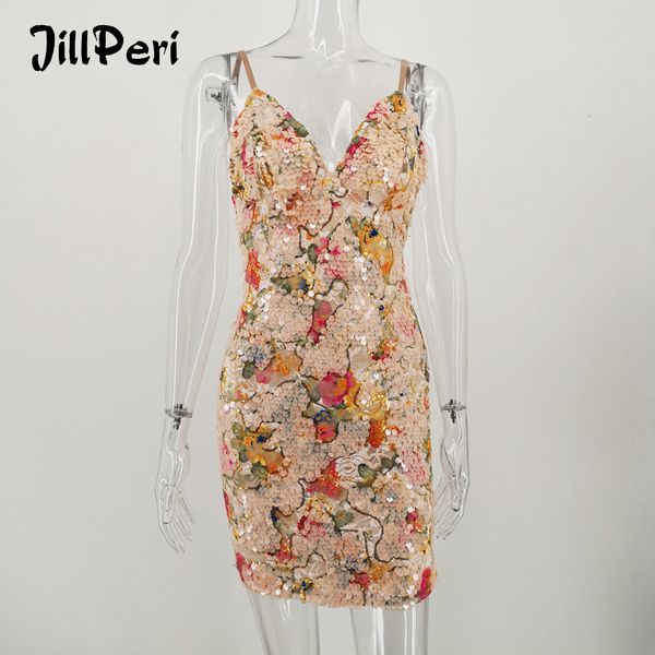 

jillperi new fashion floral sequined dress women v ne high stretch daily outfit bodycon chic party mini dress vestidos, Black;white