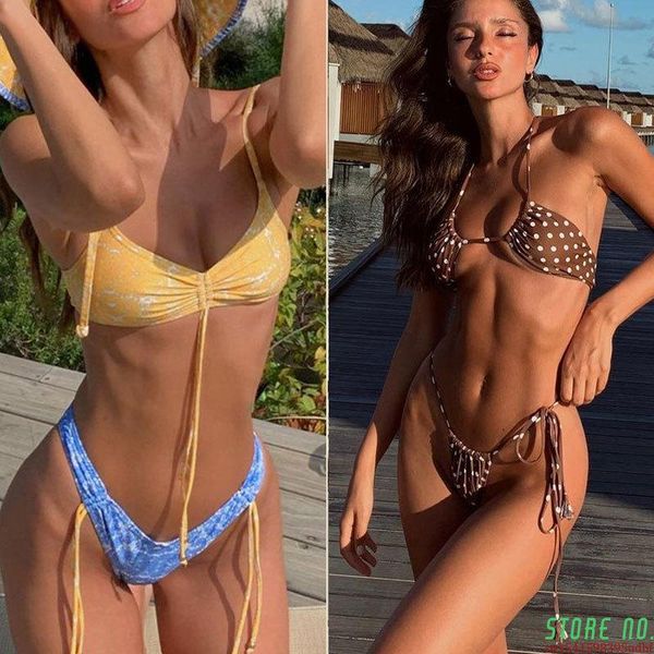 

women's swimwear 2021 bikinis micro thong bandage adjustable swimsuti women summer bikini set floral print biquini beach wear, White;black