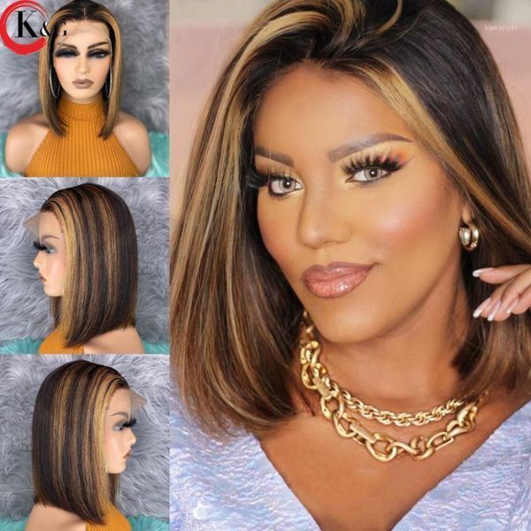 

highlight t-part short bob lace front human hair wig 150% density with baby brazilian 8-14'' ratio non-remy1, Black;brown