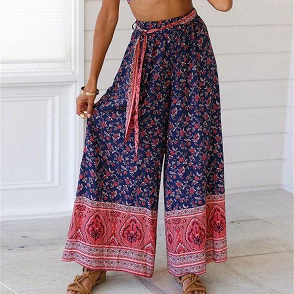

women's pants & capris boho women fashion holiday palazzo floral summer high waist baggy hippie wide leg bandage belted trousers beach, Black;white