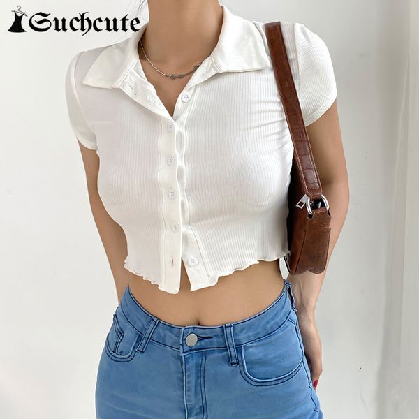 

women's t-shirt summer short sleeve button up crop ladies turn-down collar solid white tee casual basic outfits an27