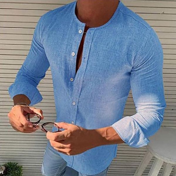 

men's casual shirts cotton linen vintage buttoned cardigan fashion mens o-neck slim shirt streetwear autumn men solid long sleeve, White;black