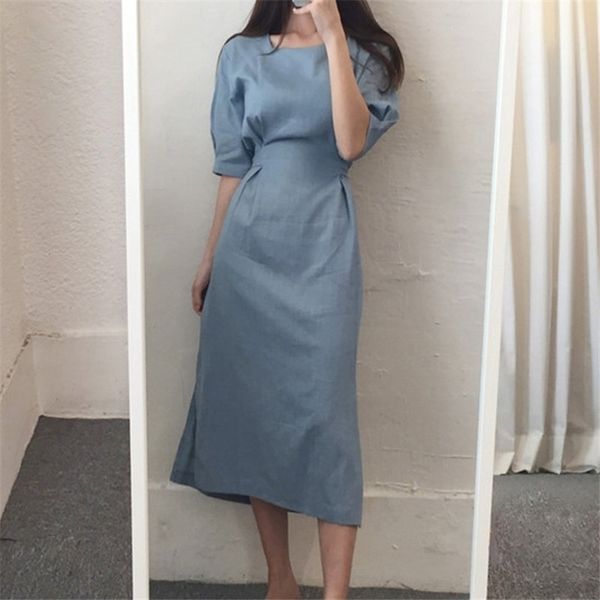 

hzirip office lady cotton linen retro vintage new women elegant chic loose all match casual solid chic leisure long dresses 210325, Black;gray