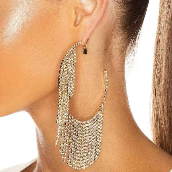 

boutique shiny rhinestone tassel big dangle earrings for women fashion jewelry party dress statement accessories & chandelier, Silver