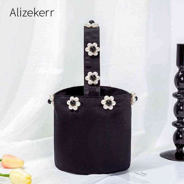 Abendtaschen Perle Satin Eimer Handtaschen für Frauen Designer Korean Chic Top Griff Blumenperlen Schwarze Geldbörse Hohe Qualität Modisch 220315