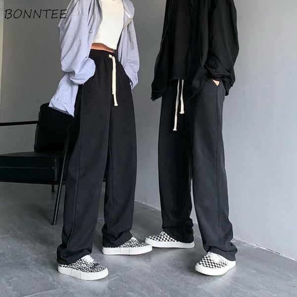 

men's pants casual men straight solid drawstring simple mopping leisure all-match trousers plus size s-3xl streetwear ulzzang couples, Black