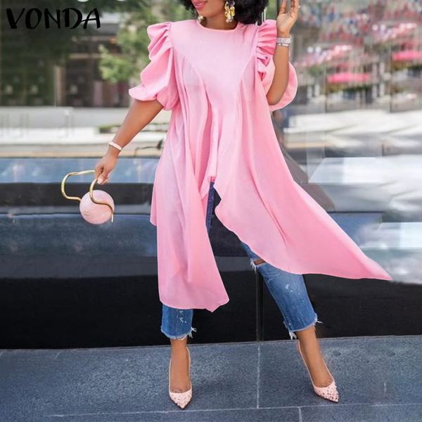 

blouses elegant women puff sleeve long party office ladies blouse 2021 vonda vintage solid shirts plus size femininas, White