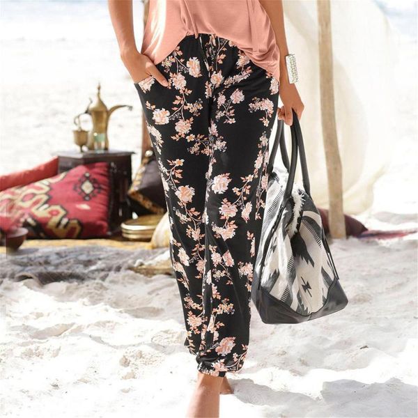 

women's pants & capris summer vintage boho wide leg high waist loose floral print long women trousers casual lady pockets holiday beach, Black;white