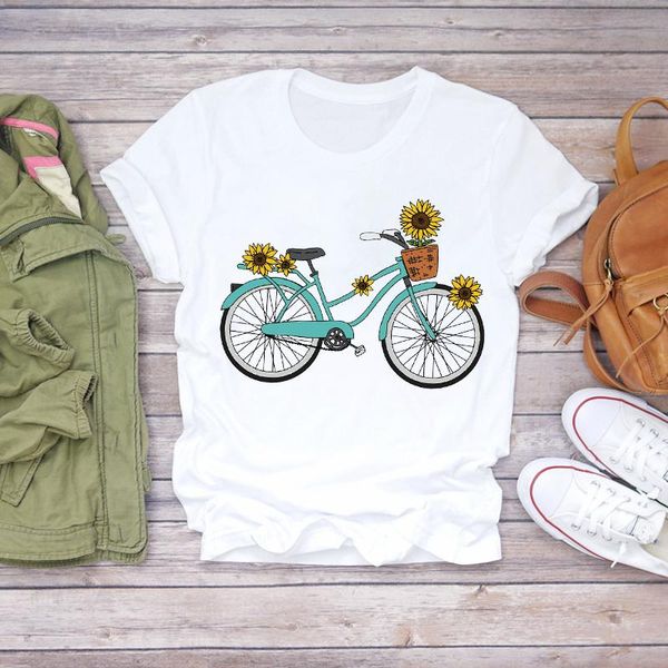 

women's t-shirt women sunflower floral bicycle print womens t-shirts t graphic female tee cute summer shirt ladies, White