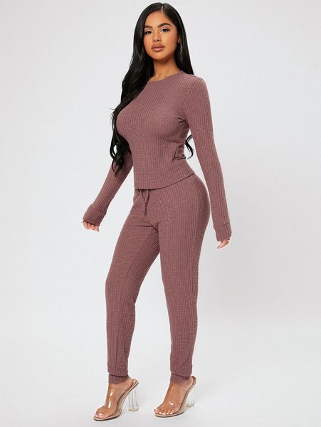 

petite solid round neck & sweatpants 94vb#, White