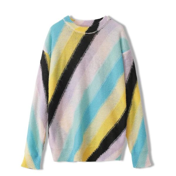 

women's sweaters runway sweater women couple loose casual rainbow japan style striped long sleeve knittedjumper mujer pullover, White;black