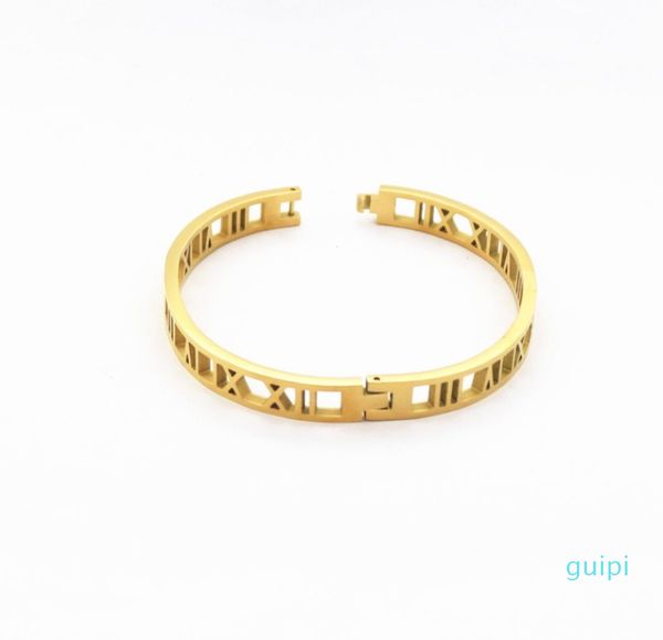 

titanium steel roman numerals jewelry yellow gold hollow out bangle for women t200423, Black