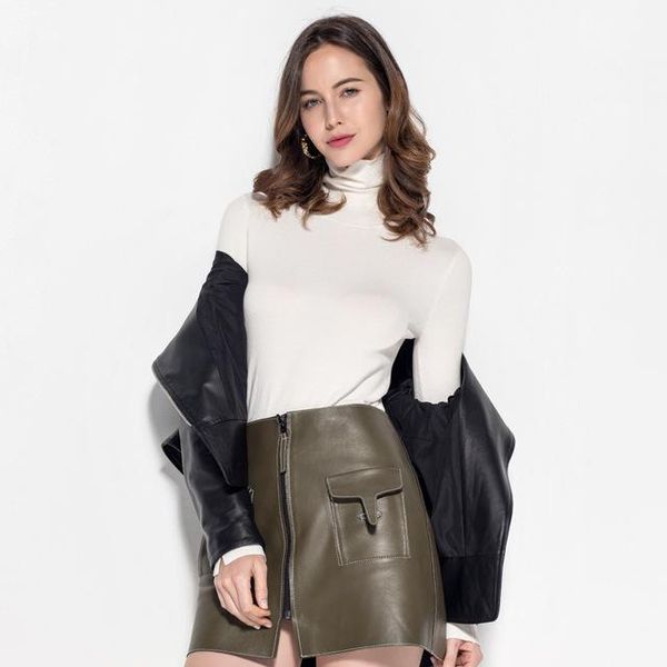 

women's leather & faux natural lambskin sheepskin coat real genuine jacket women motorcycle biker gothic plus size oversize autumn wint, Black