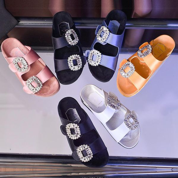 

slippers brand design women's rhinestone side buckle open toe summer platform shoes bicyclic with flat-bottomed ladies sandals, Black