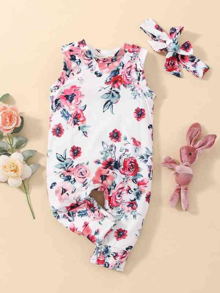 

baby floral print tank jumpsuit with headband she, Blue