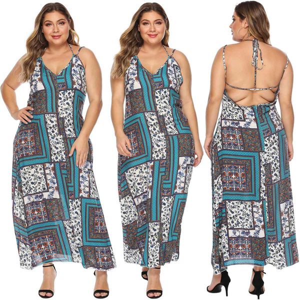 

women's plus size large print bandage deep v open ba suspender beach skirt 11021