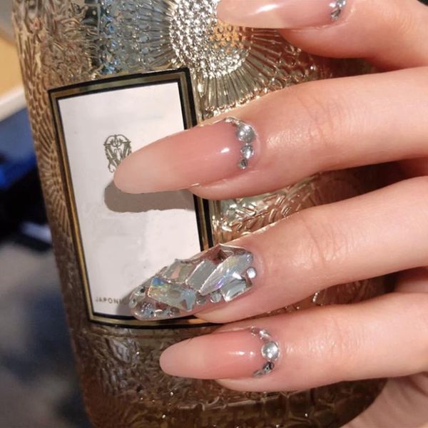

false nails shiny rhinestone long round fake reusable ultra thin transparent pink with glue nail salon supplies and tools, Red;gold