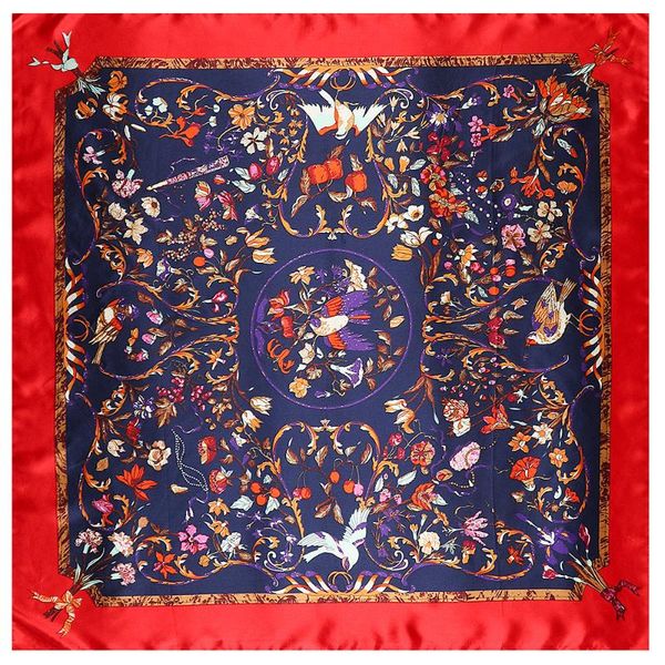 

scarves pobing luxury floral birds print hijab women satin silk scarf shawl foulard femme square tie band head wraps 90*90cm, Blue;gray