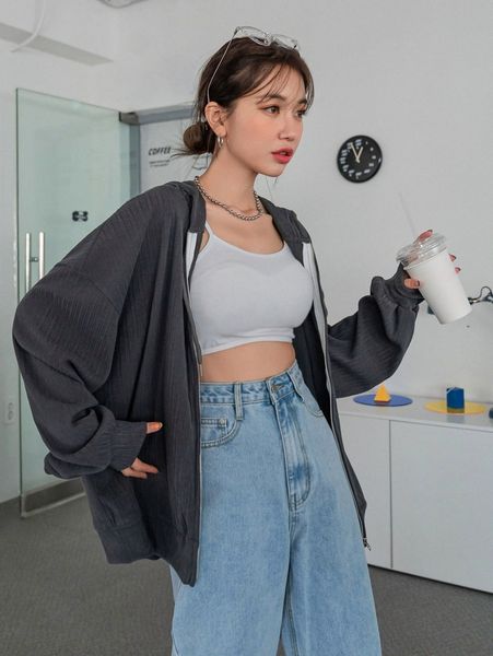 

dazy drop shoulder drawstring hooded jacket t27b#, White;black