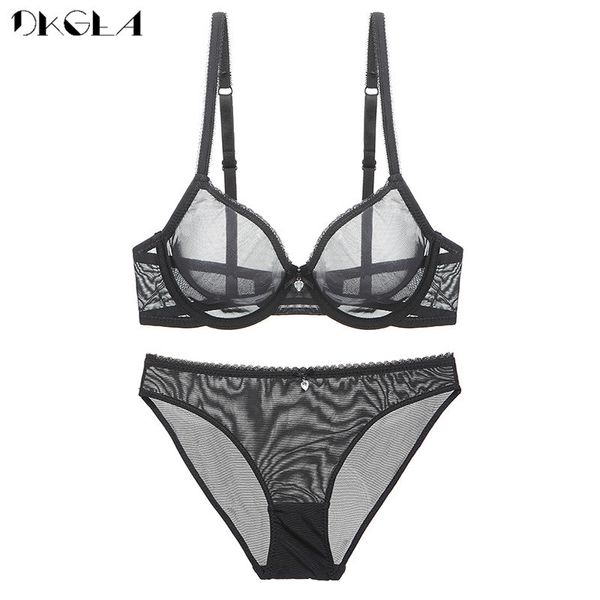 

classic solid black brassiere gauze see through bra set hollow out bras transparent underwear sets for women lingerie 210322, Red;black