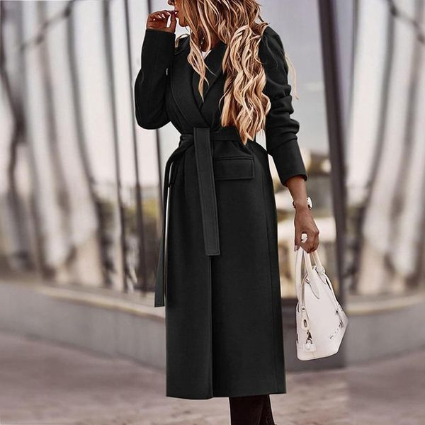

women's wool & blends solid color casual lace up slim woolen coat jackets 2021 loose lapel cardigan long sleeve mid-length jacket stree, Black