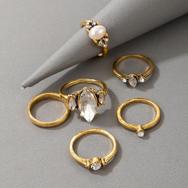 

wedding rings bohemian vintage gold geometric joint ring set for women crystal pearl personality design party jewelry gifts, Slivery;golden