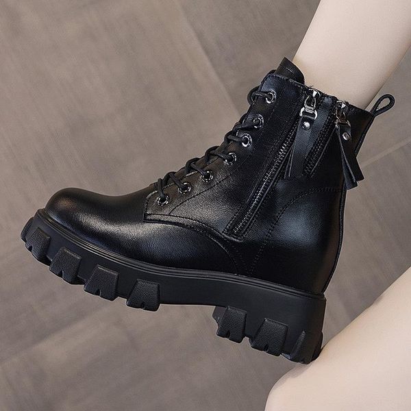 

boots autumn high student shoes with double zipper leather, Black