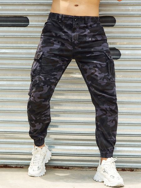 

men camo print flap pocket pants p4tn#, Black