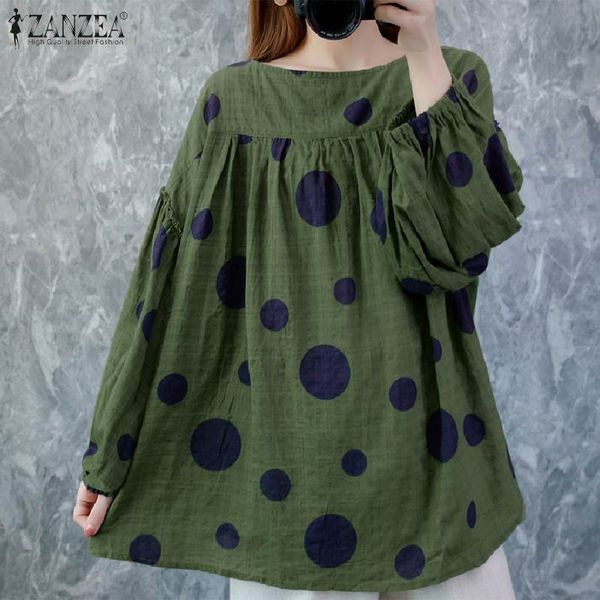 

blouses vintage printed blouse women's spring shirts 2021 polka dot long puff sleeve blusas female o neck plus size tunic, White