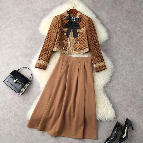

european and american women's clothing winter 2022 new long sleeve sequined velvet bow coat pleated skirt fashion suits, White