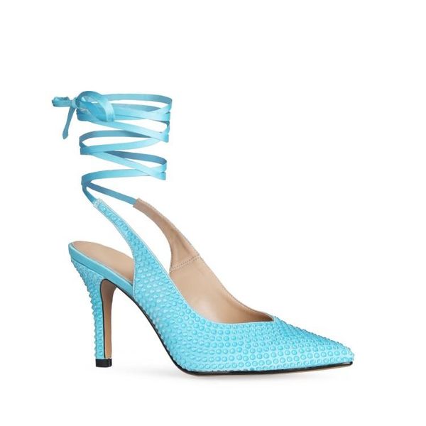 Leder echt 2024 Stil echte Lady 10 cm High Heel Sandalen spitzer Zehen Schnüre-up Satin Sommerschuhe Party zusammengebundene Plünderung Diamant Größe 34-46 Sky Blue 67 90