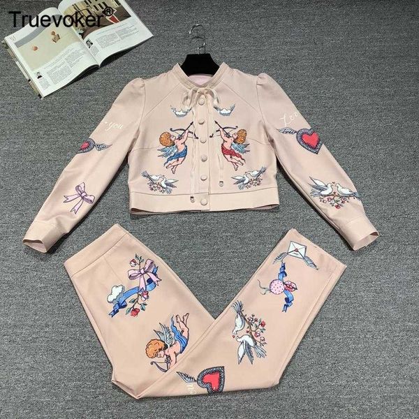 

truevoker autumn runway fashion two piece suit's full sleeve angle print sequins diamond jacket with pant sets for party 210602, White