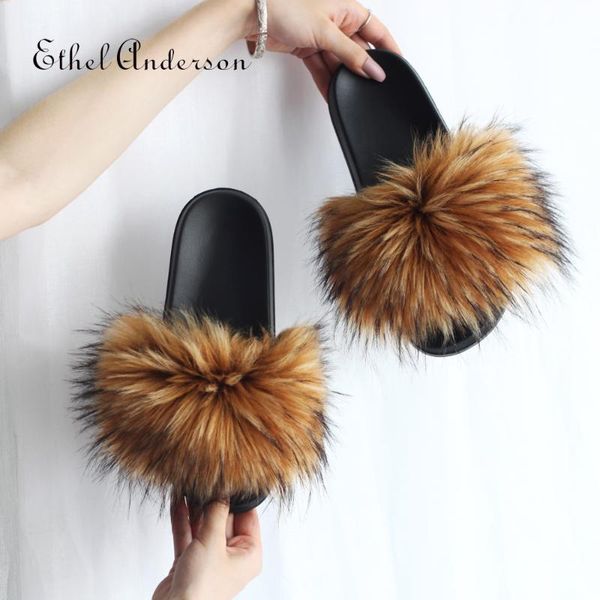 

faux fur slides women summer slippers home shoes woman sandals female fashion 2021 arrived furry, Black