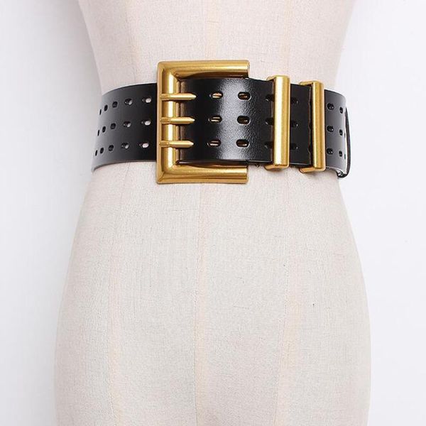 

belts [ewq] 2021 metal three pin buckle pu leather belt for women hollow out wide genuine waistband lady tide pe329, Black;brown