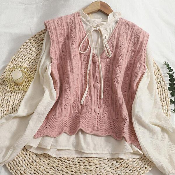 

women's blouses & shirts autumn sweet suit women single breasted v-neck knitted vest + lace-up lotus leaf stand collar long sleeve shir, White