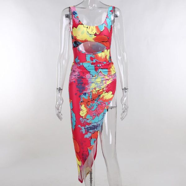 

summer fashion print hollow belly button broken self-cultivation asymmetric tie-dye sleeveless dress women's clothes casual dresses, Black;gray