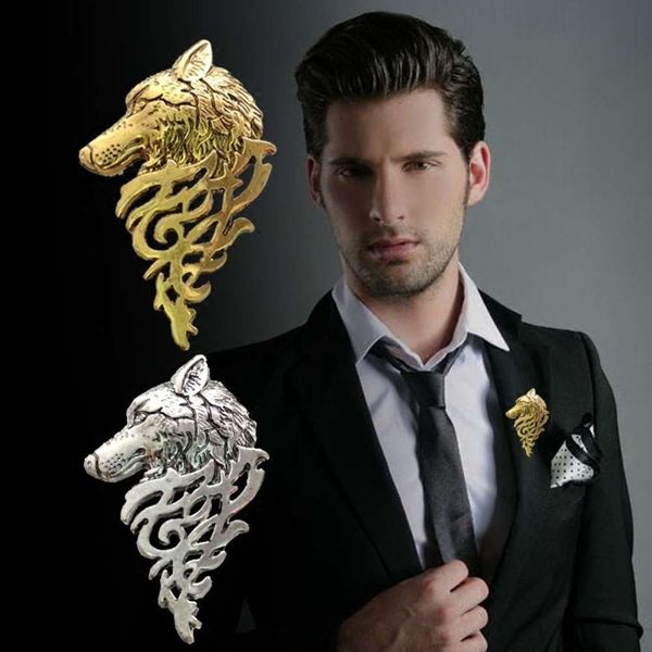 

jewelry personality fashion men's suit button aggressive wolf head brooch pin collar, Gray